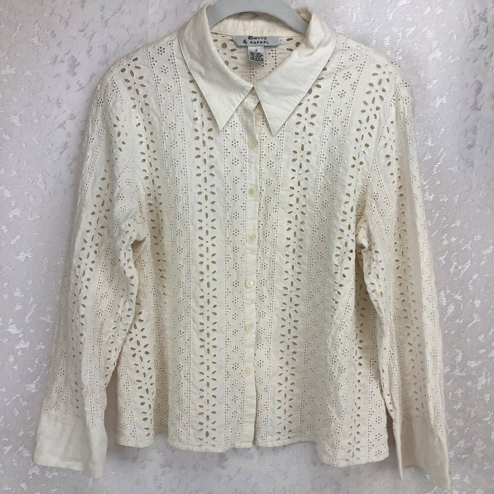 Savvy by Rafael Long Sleeve Blouse Made of Creamy Eyelet Material Size 14